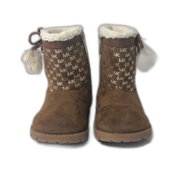 MICHAEL KORS Boots Toddler Size 7 Brown Gold MK Logo Pom Poms Payson - Picture 4 of 11